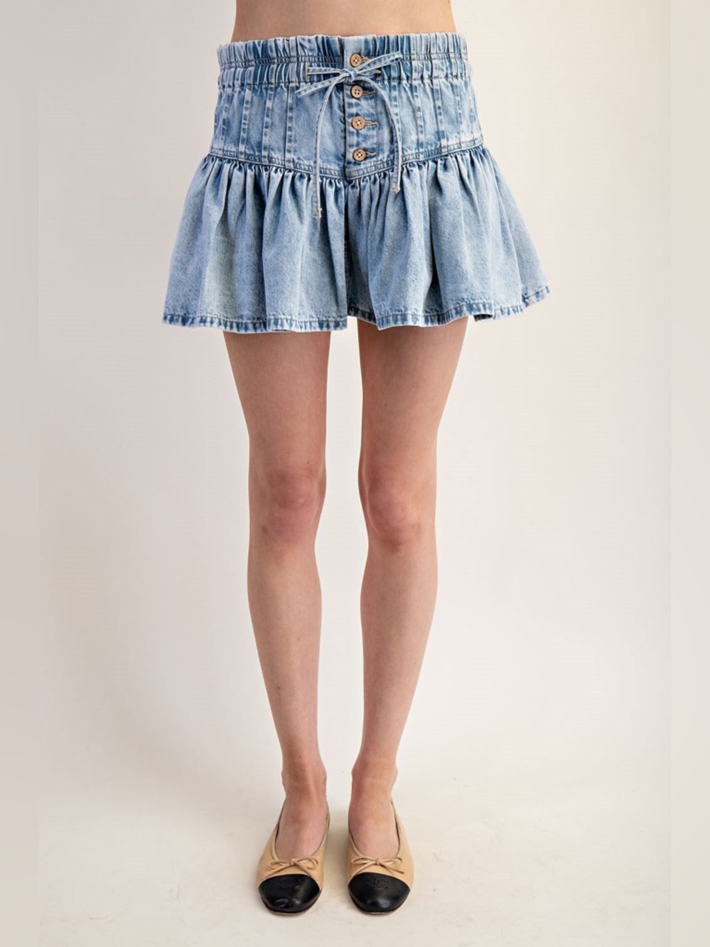 Ruffle Flared Denim Mini Skirt with Elastic Waist - eesome - Picture 4 of 6